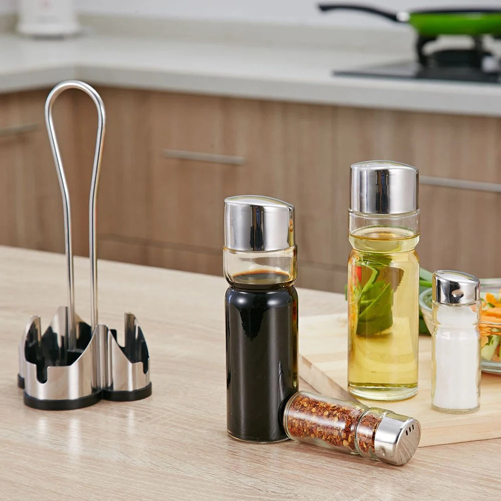 Seasoning Bottle Set Condiment Holder Rack 4 in 1 Oil Vinegar Dispensers Salt Pepper Shakers Glass Cruet Set with Caddy Stand