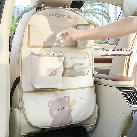 Car Seat Back Storage Bag Organizer Bear Bunny Multifunctional Car Back Seat Anti-Dirty Anti-Kick Storage Pad Car Accessories