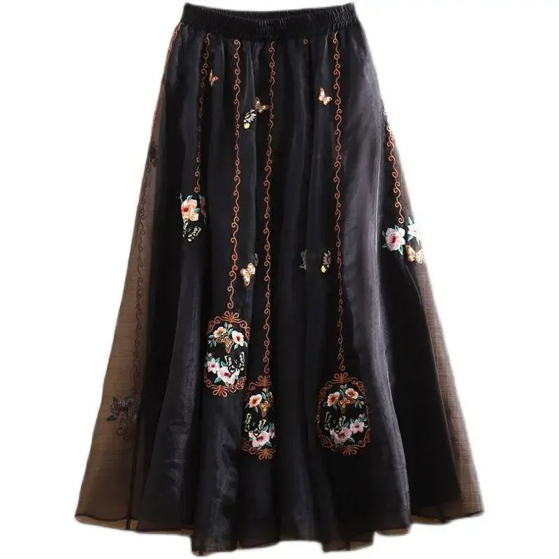 Embroidery Floral Women Pleated Skirts 2023 New Chinese Style High Waist Loose A-LINE Spring/Summer Retro Skirt