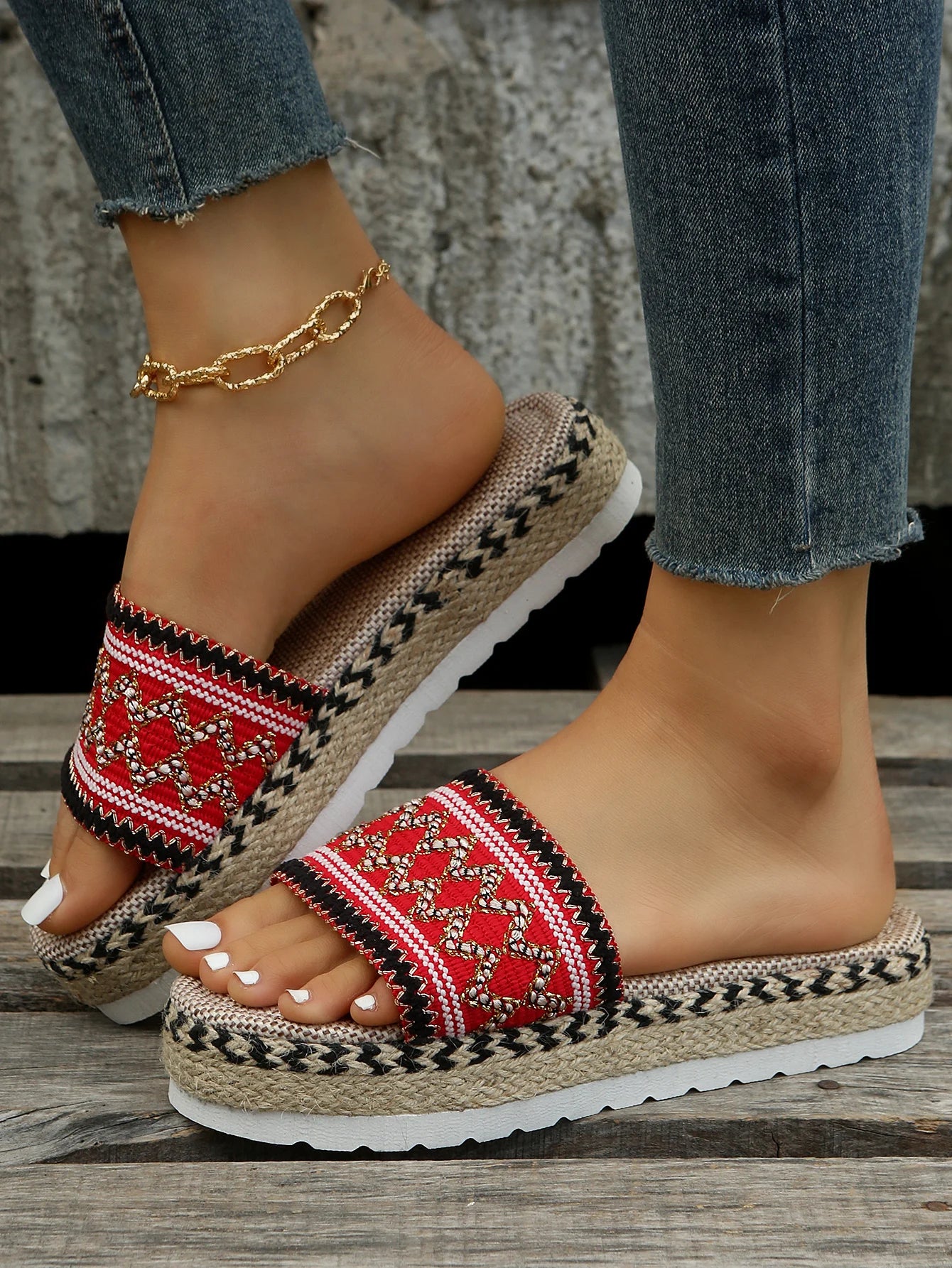 Gewebte Damen Pantoletten Platform - Sommer Schuhe für Damen 2025 Neu - Strand Casual Absatz Sandalen Bohemian Handgemacht Espadrilles