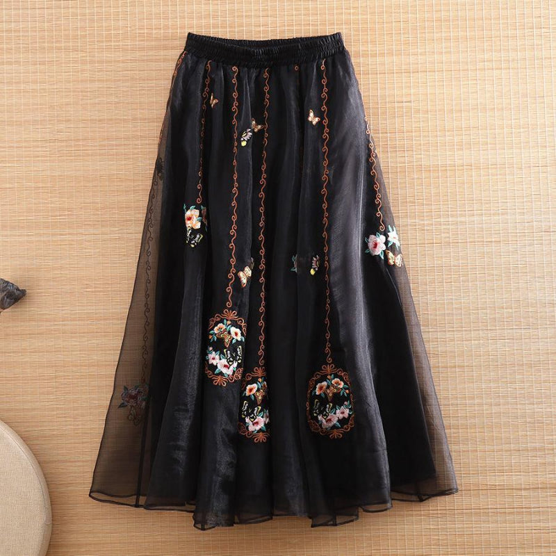 Embroidery Floral Women Pleated Skirts 2023 New Chinese Style High Waist Loose A-LINE Spring/Summer Retro Skirt