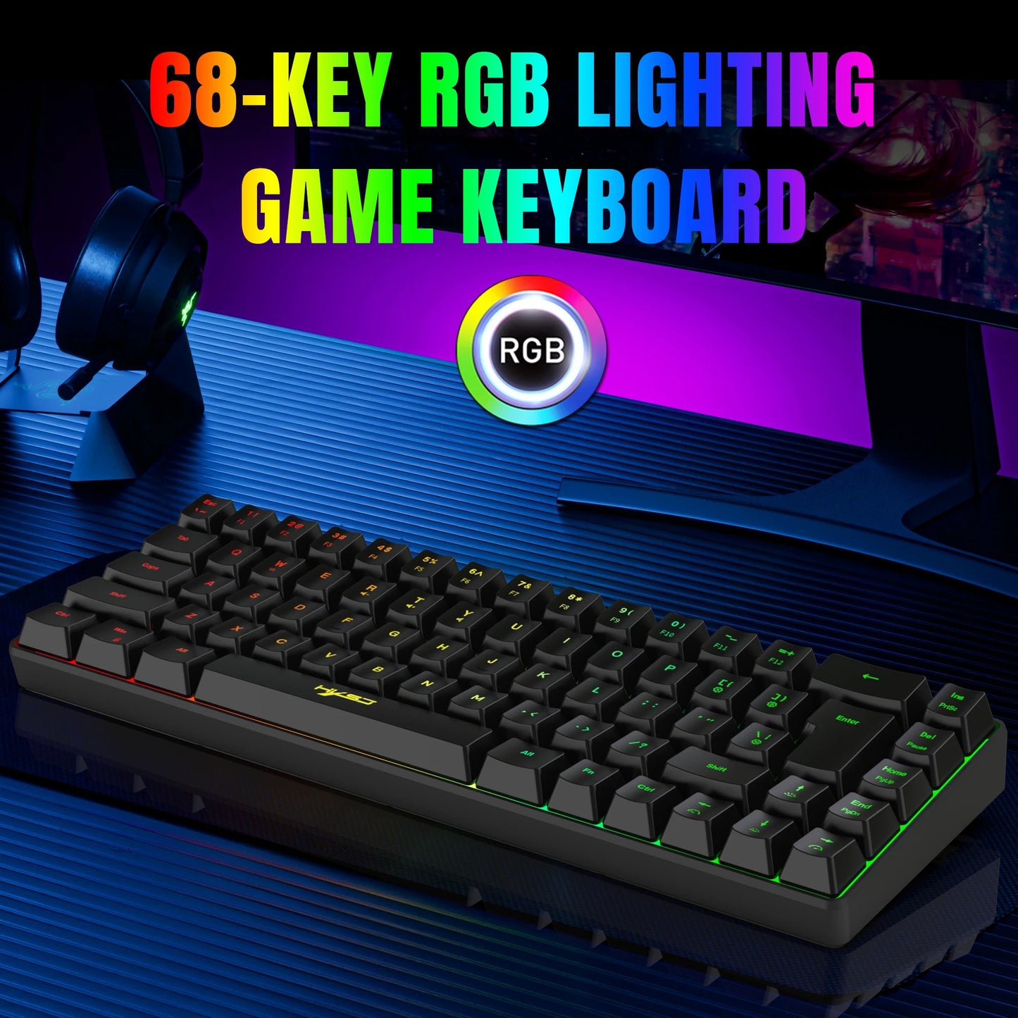 Gaming-Tastatur 2025: HXSJ 60% Percent Gaming Keyboard Ergonomische kleine Mini-Membran-Tastatur, komprimiert mit RGB-Hintergrundbeleuchtung für Windows-PC- und Laptop-Gaming