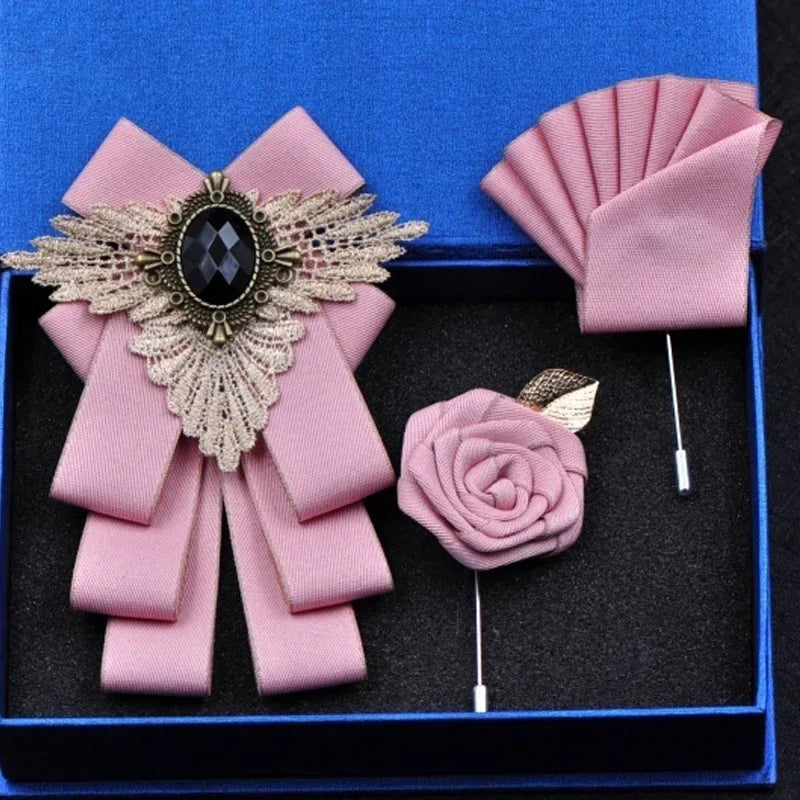 Set de nuntă 2025: Noua modă britanică pentru bărbați, performanță de nuntă pentru mire - Set de accesorii pentru bărbați cu papion, guler floral și buzunar, pentru petrecere de nuntă