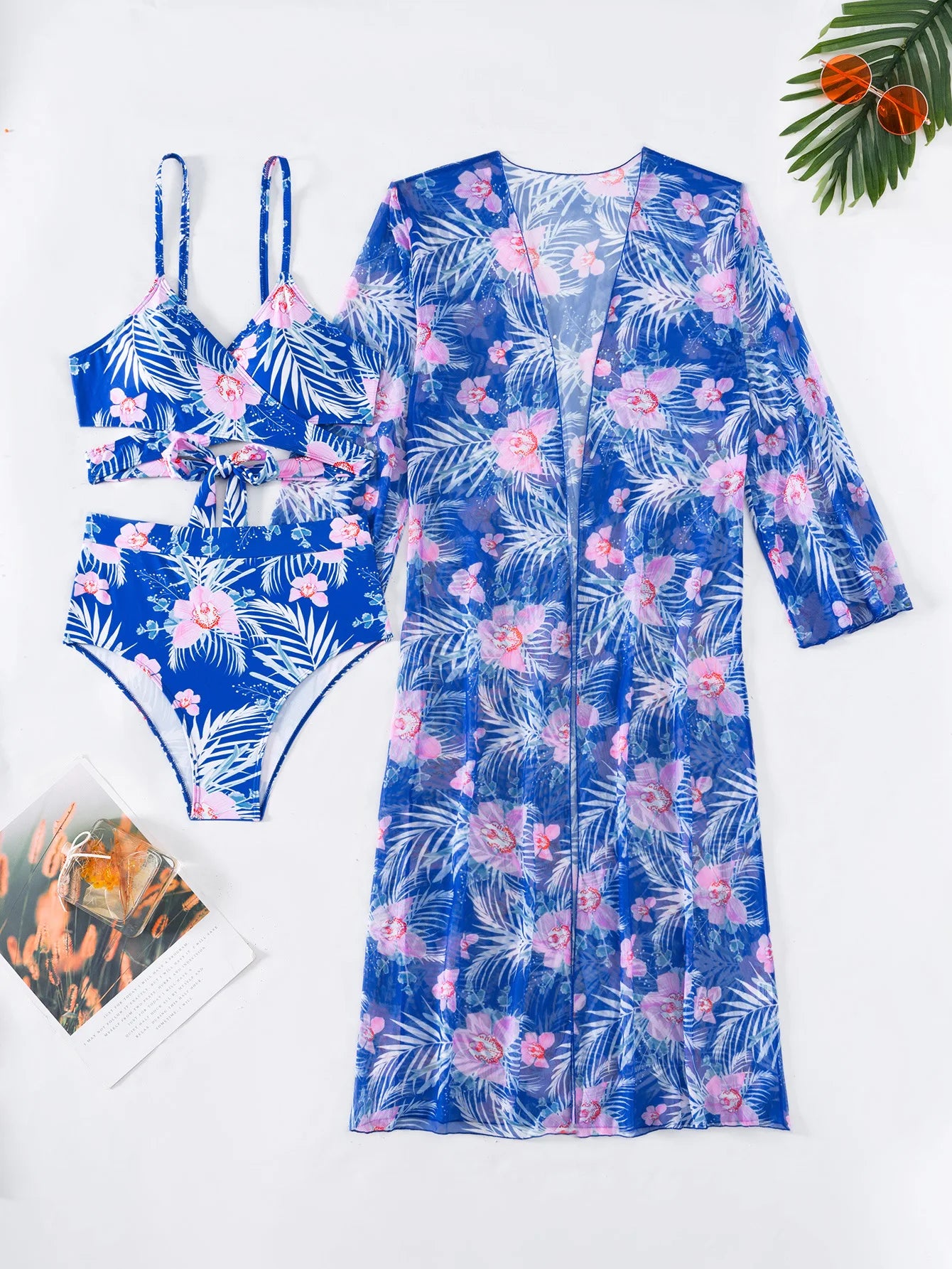 Sommer Print Schwimmanzüge: ASKATE Verbesserte Unterstützung Wire-Free Support Nylon Spandex - Dreiteilig High Waist Strand Wear Floraler Print