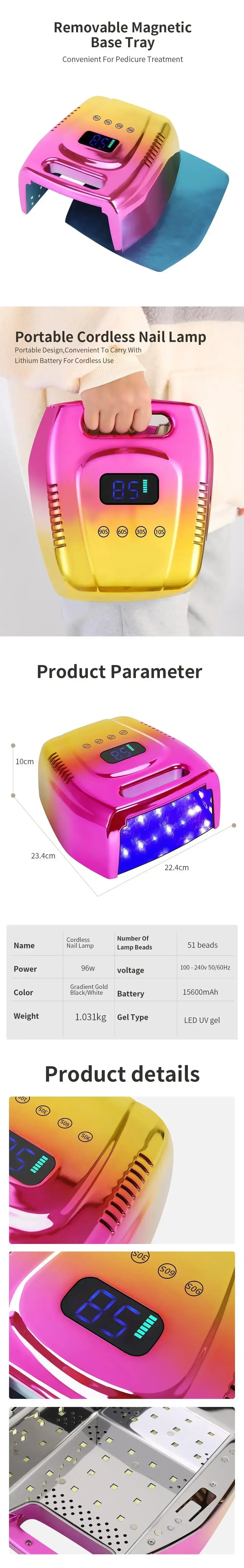 Cordless UV Nail Lamp 51LEDs 96W Professional LED Nail Lamp with Touch Display UV Light for Gel Nails Built-in 3-Timer Modes