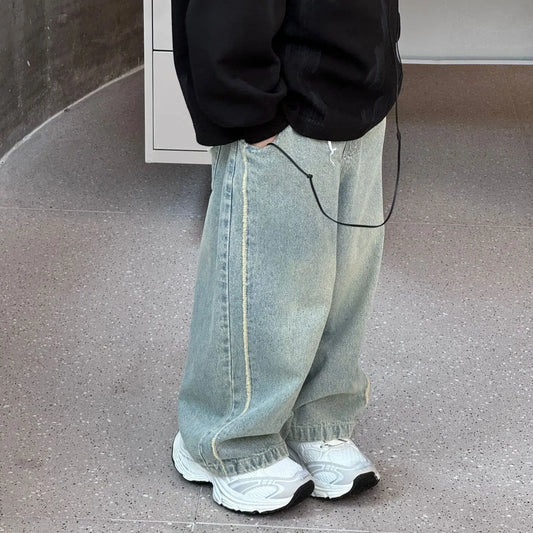 jeans pants 2024 Autumn New Korean Boys' Fashion Retro Jeans Children's Pants boys clothes - Golden Bridge Store