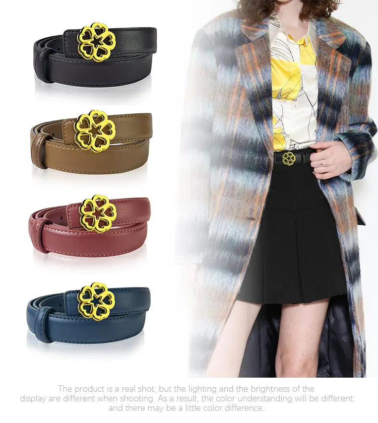 Women's Belt Versatile Retro Bronze Buckle Cowhide Thin Belt2.3Simple and Elegant Decorative Dress Suit Apparel Accessories