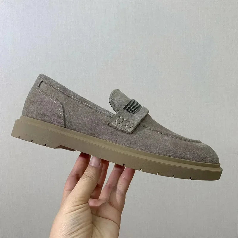 Luxus Damen Flache Schuhe 2025 - Wildleder Kette Perlen Runde Zehen - Slip-On Loafer Komfort Walking Schuhe