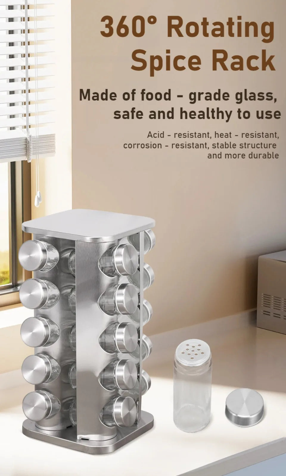 Stainless Steel Spice Rack Rotating Seasoning Set Vertical Spice Sorting Rack Square Condiment Organizer Salt Sugar Containers