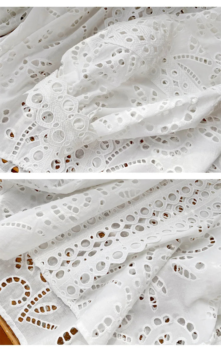 Floral Eyelet Embroidery White Blouse Women's Long Sleeve V-Neck Casual Cotton Shirt 2025 Spring/Summer New in Holiday Clothes