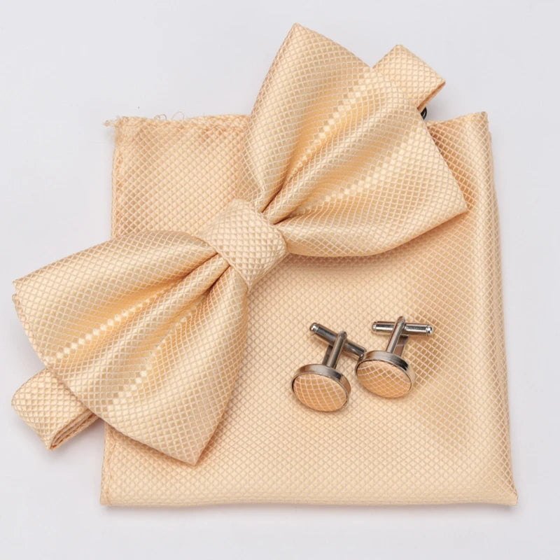 Men Bowtie Set 3pcs Plaids Classic Fashion Wedding Party Formal Cufflinks Bow Tie Handkerchief Cuff Links Lots Three Piece Set