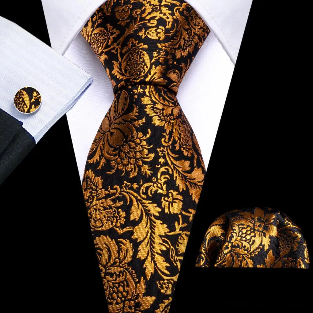 Fashion Silk Men Tie Set Gold Yellow Orange Solid Paisley Striped Plaid Floral Necktie Pocket Square Cufflinks Wedding Business