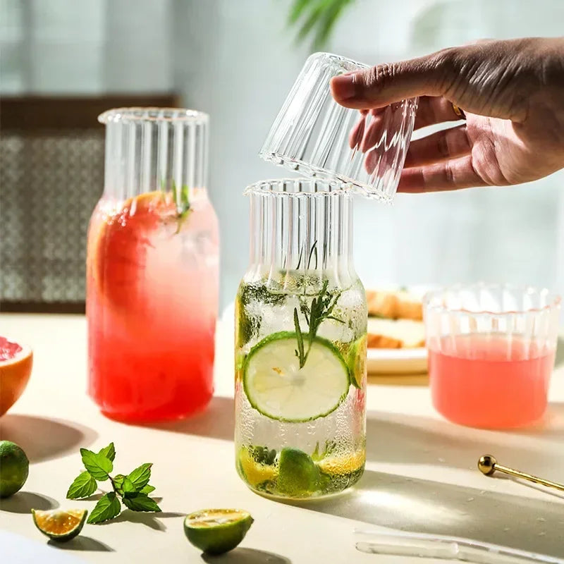 Water Carafe Glass Kettle Set Cold Hot Water Bottle Cup Sets Teacup Juice Pot Bedside Pitcher Carafe for Milk Beverage Tea