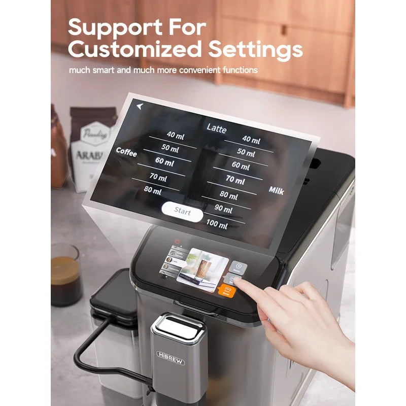 HiBREW Fully Automatic Espresso Machine Cappuccino Milk System 6 Coffee Varieties Intuitive Touch Display With Grinder H16