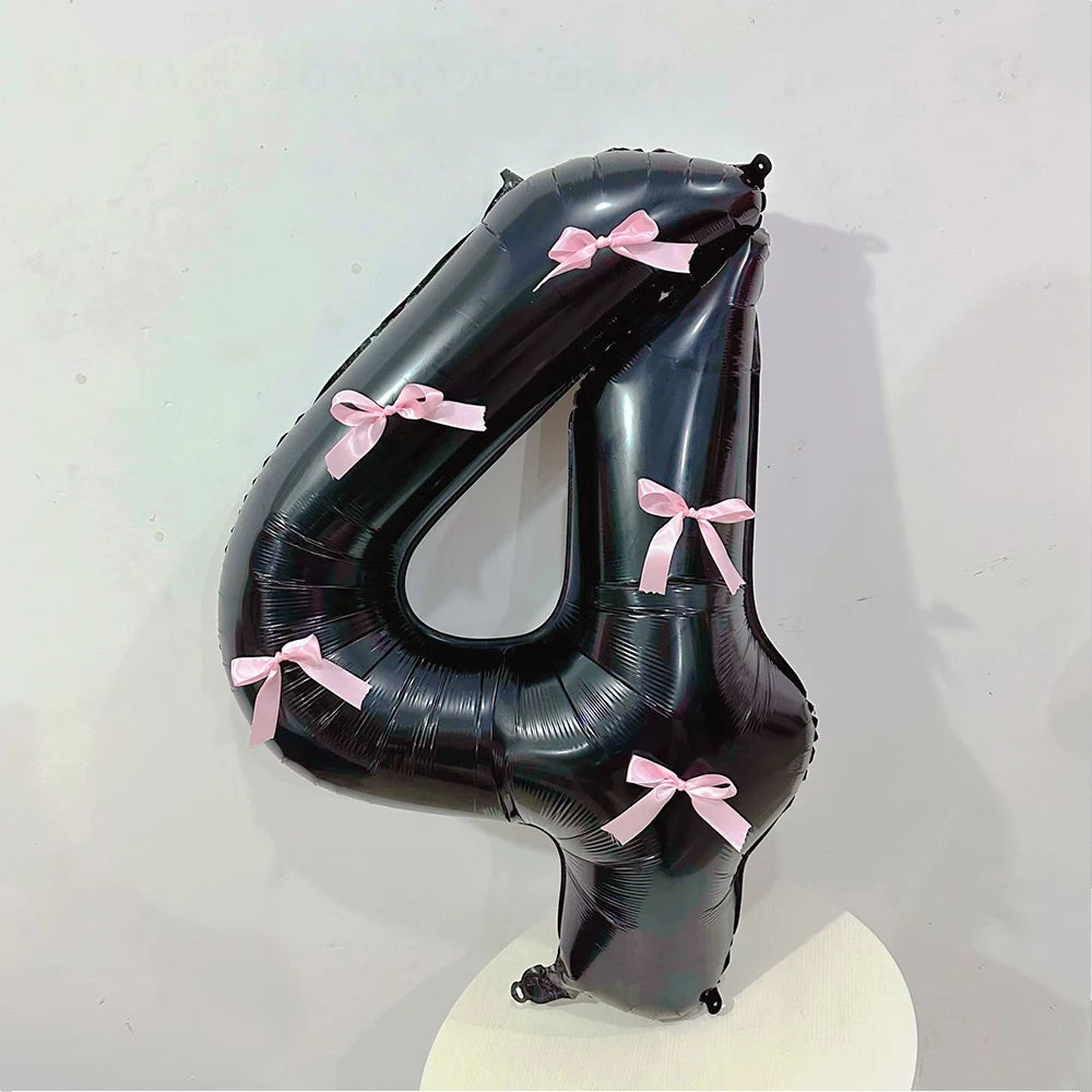 Black Number Balloons Aluminum Film Balloons With Pink Bow for Kids Boy Girl Birthday Party Decorations 0-9 Numbers
