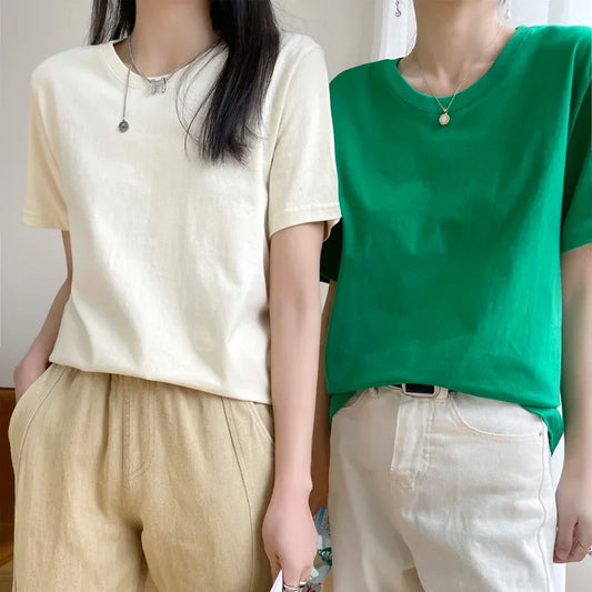 Women T-shirts 2025 Tops Solid Short Sleeve Loose O-neck Cotton Casual Ladies Shirts Harajuku Korean Summer Woman Tshirts - Golden Bridge Store
