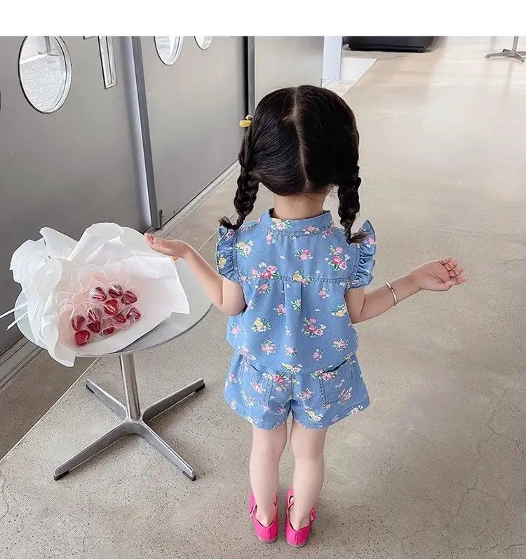Children's Clothing Sets Floral Print Lace Sleeveless Top + Shorts 2pcs Sets Baby Girl Outfit Set Kids Clothes for Girls