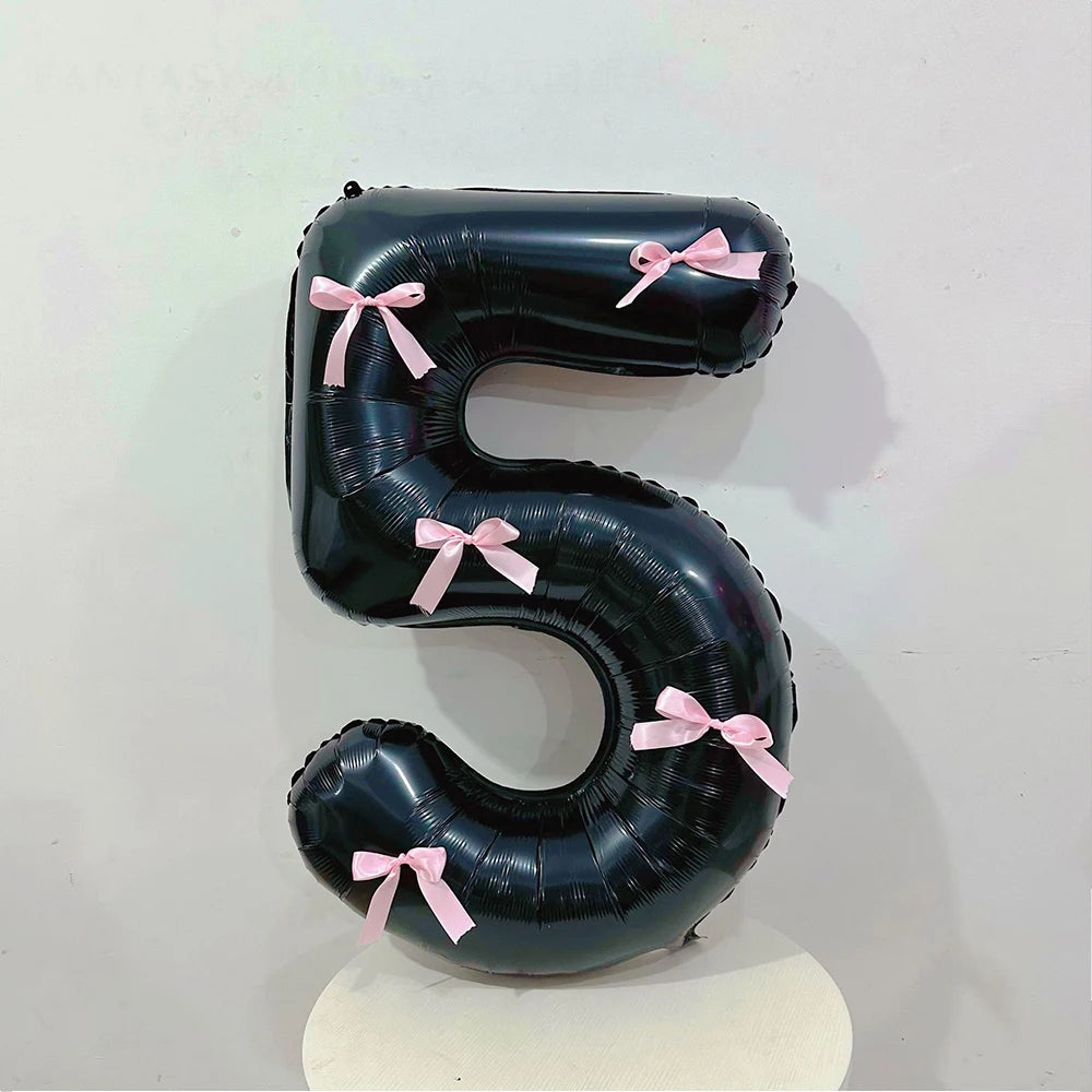 Black Number Balloons Aluminum Film Balloons With Pink Bow for Kids Boy Girl Birthday Party Decorations 0-9 Numbers
