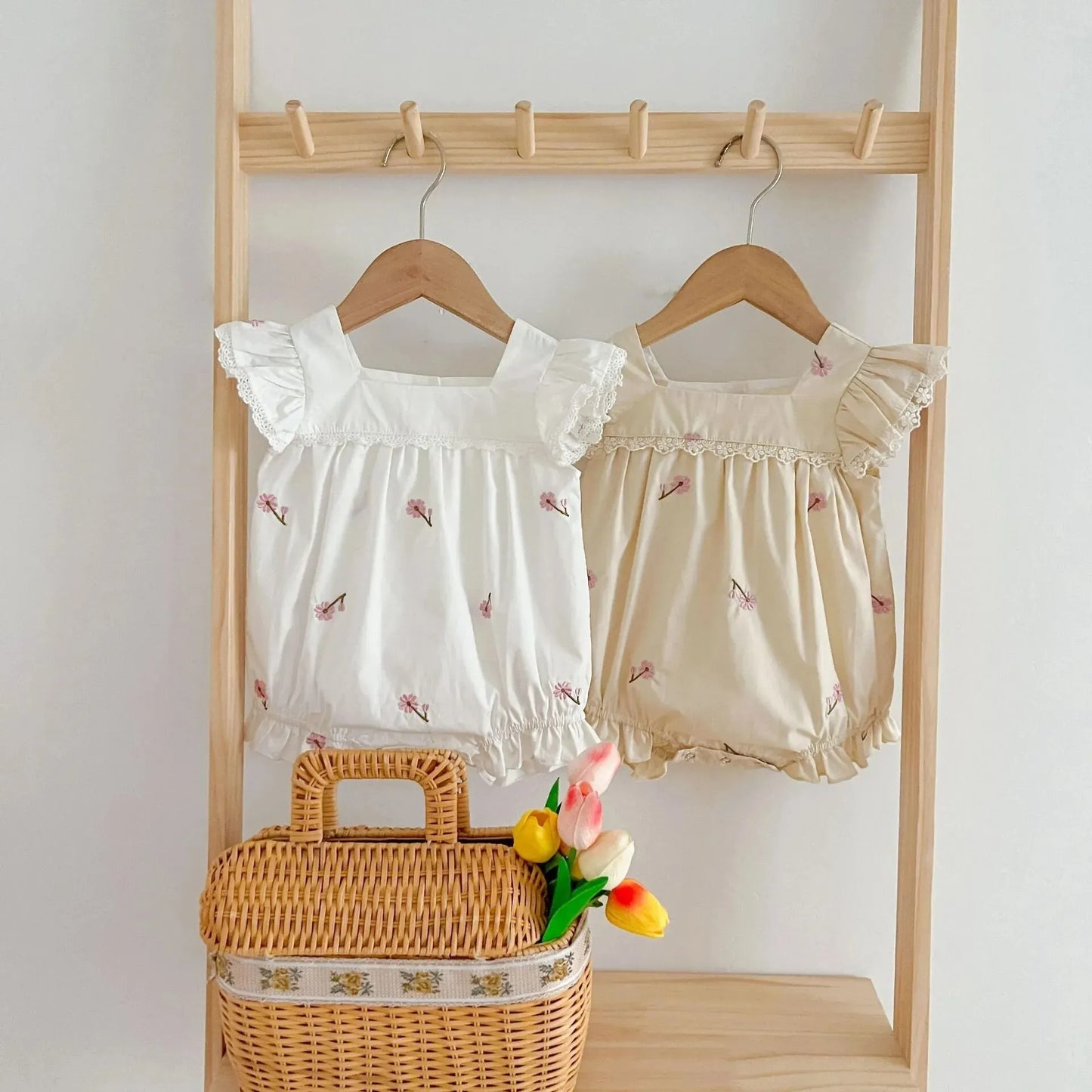 New Summer Collection: Newborn Girls' Lace Flutter Sleeve Embroidered Floral Cotton Jumpsuits, Adorable Infant Bodysuits