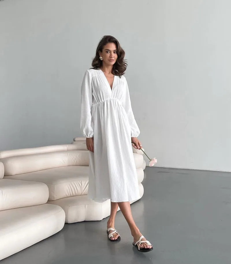 Elegant Dresses For Women 100% Cotton Muslin Long Sleeve V-neck Casual Party Holiday Beach White Black Robes Vestidos de Mujer