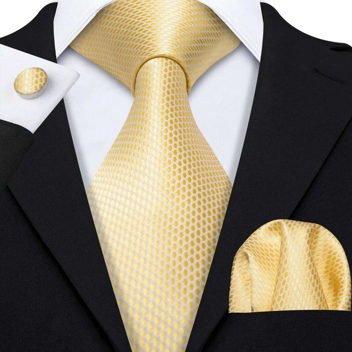 Fashion Silk Men Tie Set Gold Yellow Orange Solid Paisley Striped Plaid Floral Necktie Pocket Square Cufflinks Wedding Business