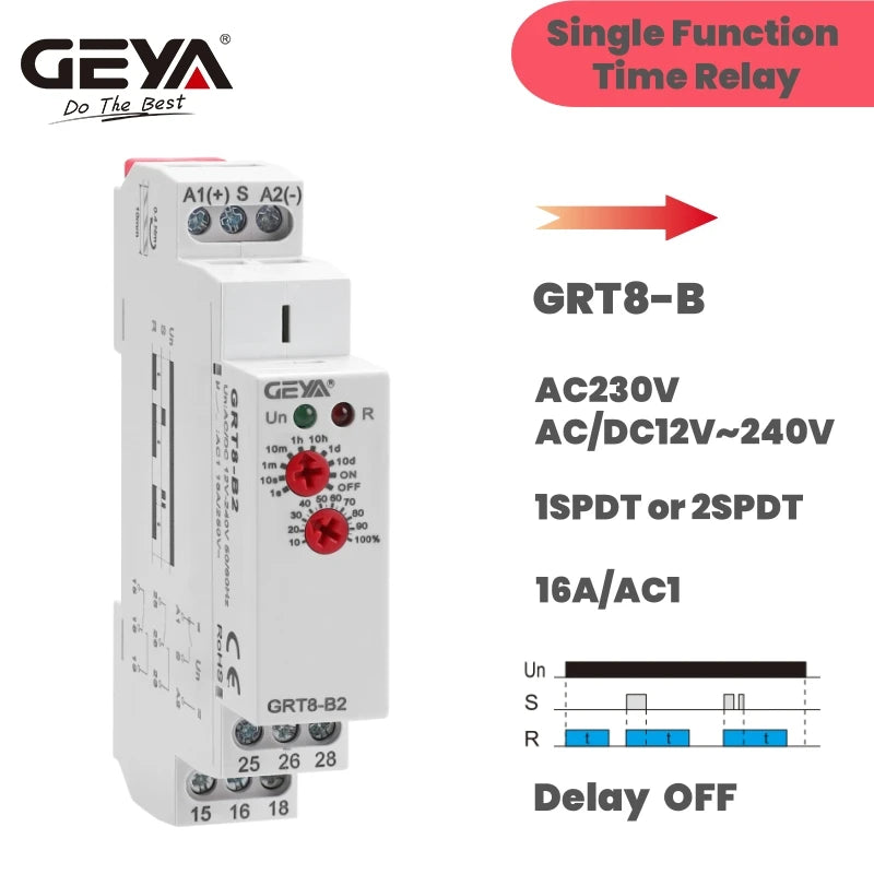 GEYA GRT8-B Off Delay Time Relay Electronic 16A AC230V OR AC/DC12-240V CE CB Approved