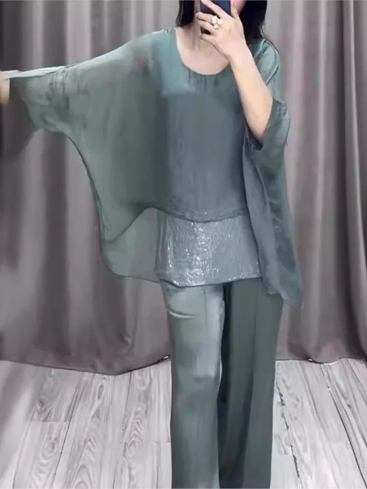 Costum elegant pentru femei, casual, cu mânecă de liliac, bluză, top, pantaloni cu picior larg, la modă, set de 2 piese, ținute de petrecere, toamna nouă 2024