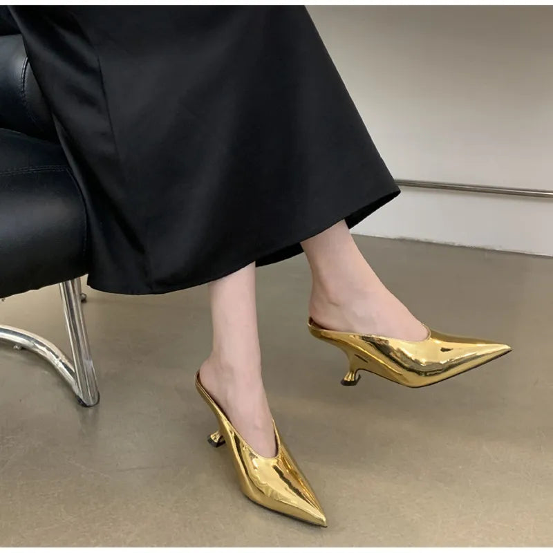 Elegant Pointed Toe Women Slippers Shoes Designer Shallow Fashion Spring Autumn Wedges High Heels Banquet Mule Zapatos De Mujer