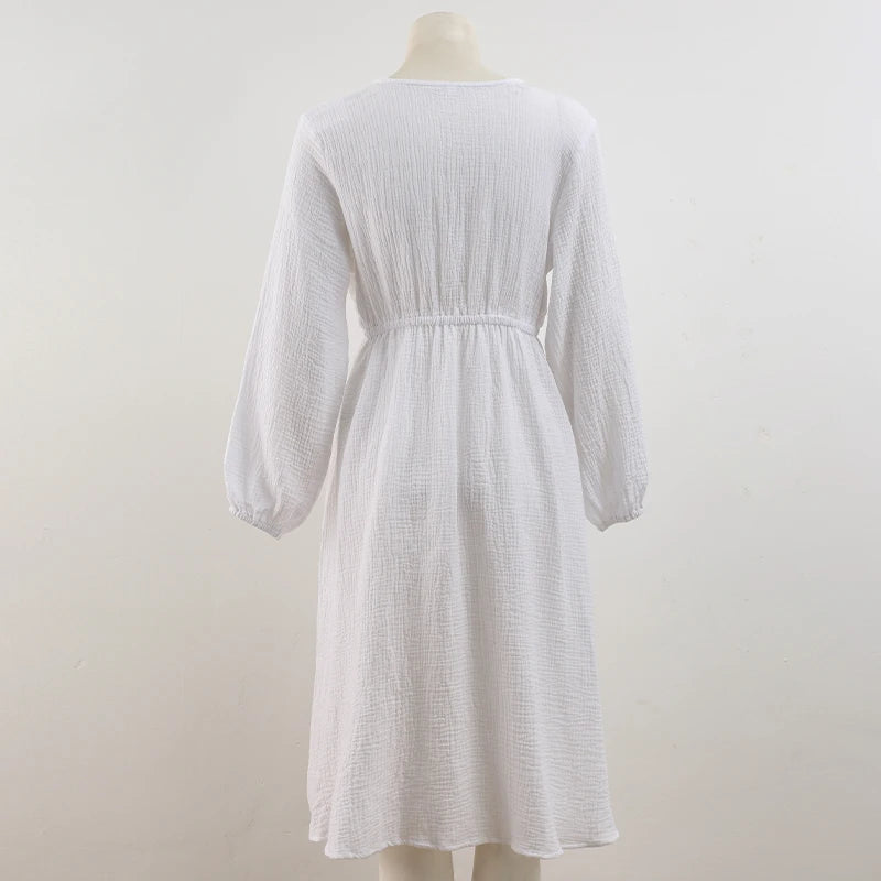 Elegant Dresses For Women 100% Cotton Muslin Long Sleeve V-neck Casual Party Holiday Beach White Black Robes Vestidos de Mujer
