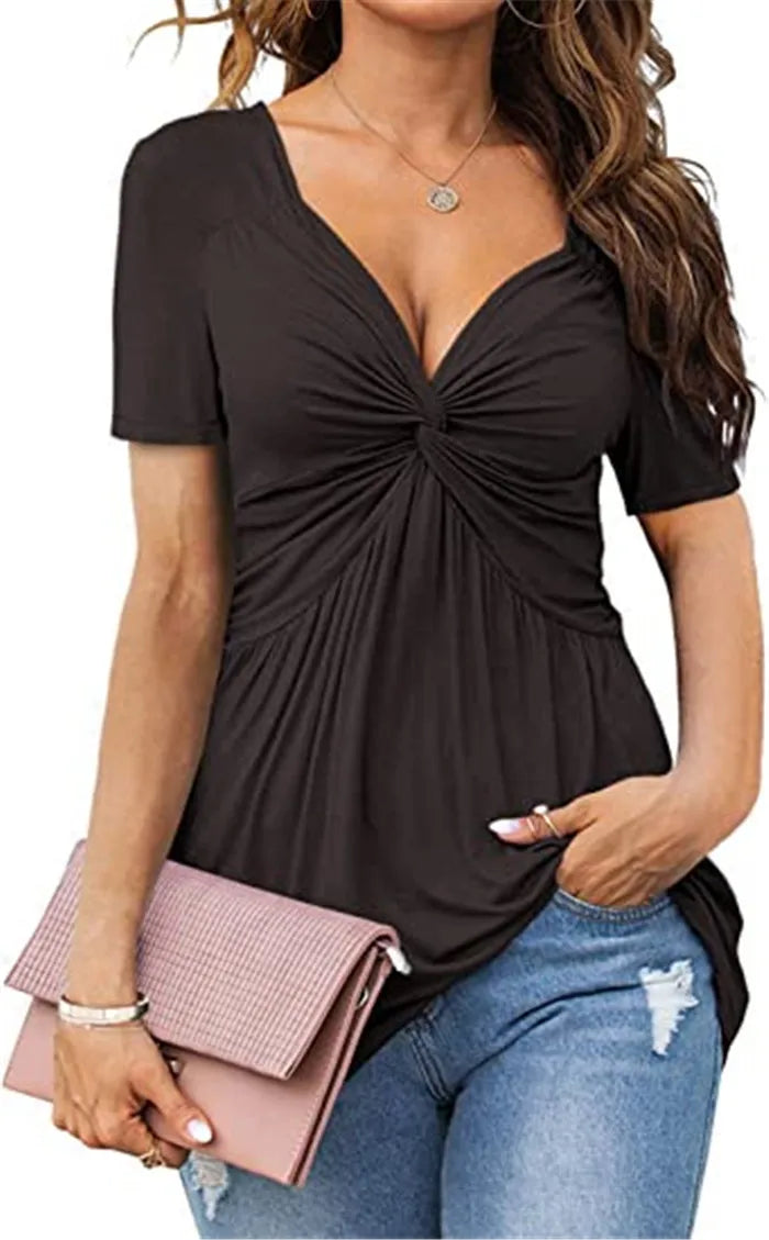 Women Tshirt Twisted V-Neck Short Sleeve Solid Color Sexy Office Lady Casual Slim 2025 Summer Fashion Tee Tops Femme Clothing