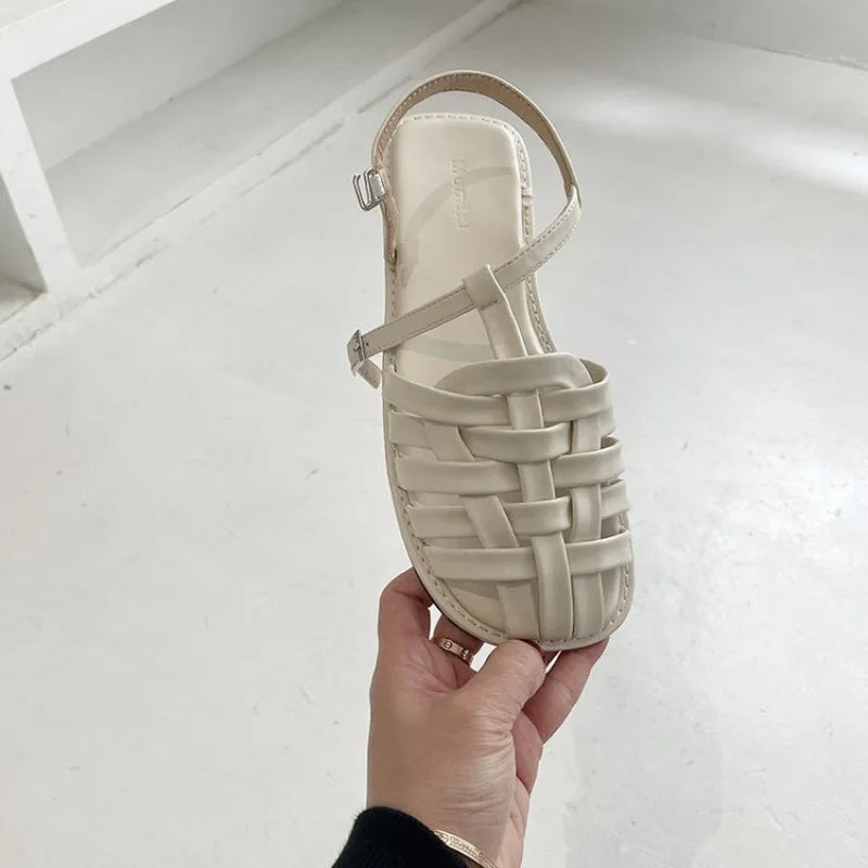 Frauen Flach Römisch Sandalen Sommer Neu Casual Runder Kopf Leicht Rutschfest Gewebt Schuhe Sommer Einfarbig Schnalle Hausschuhe