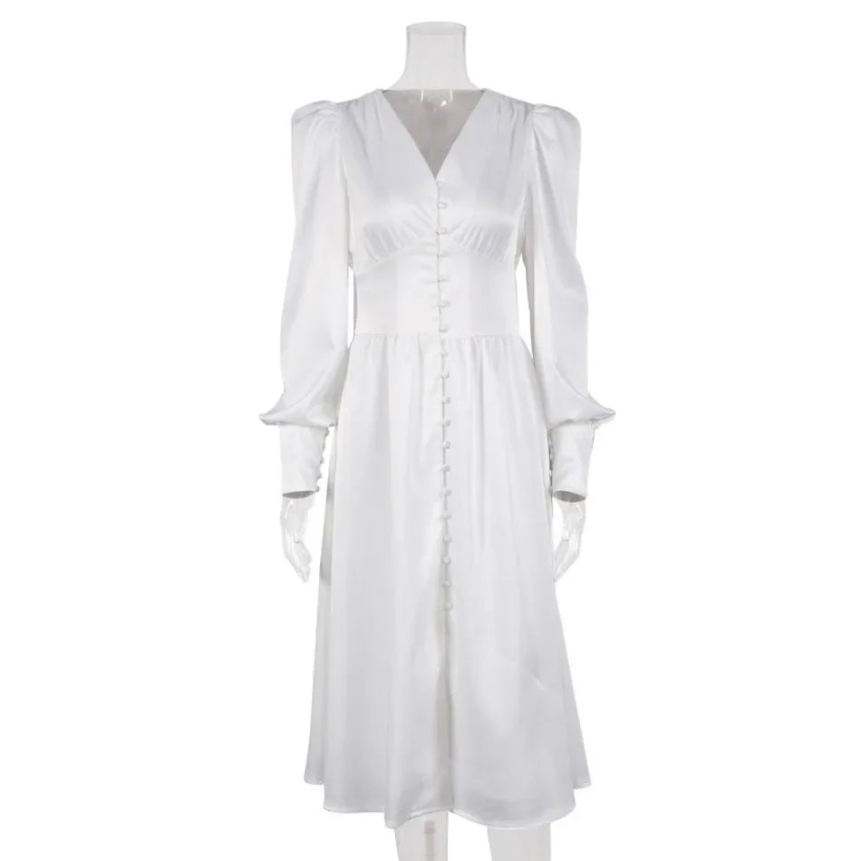 Elegante Mode Einreihig High Waist Satin Kleid - Midi Gr M