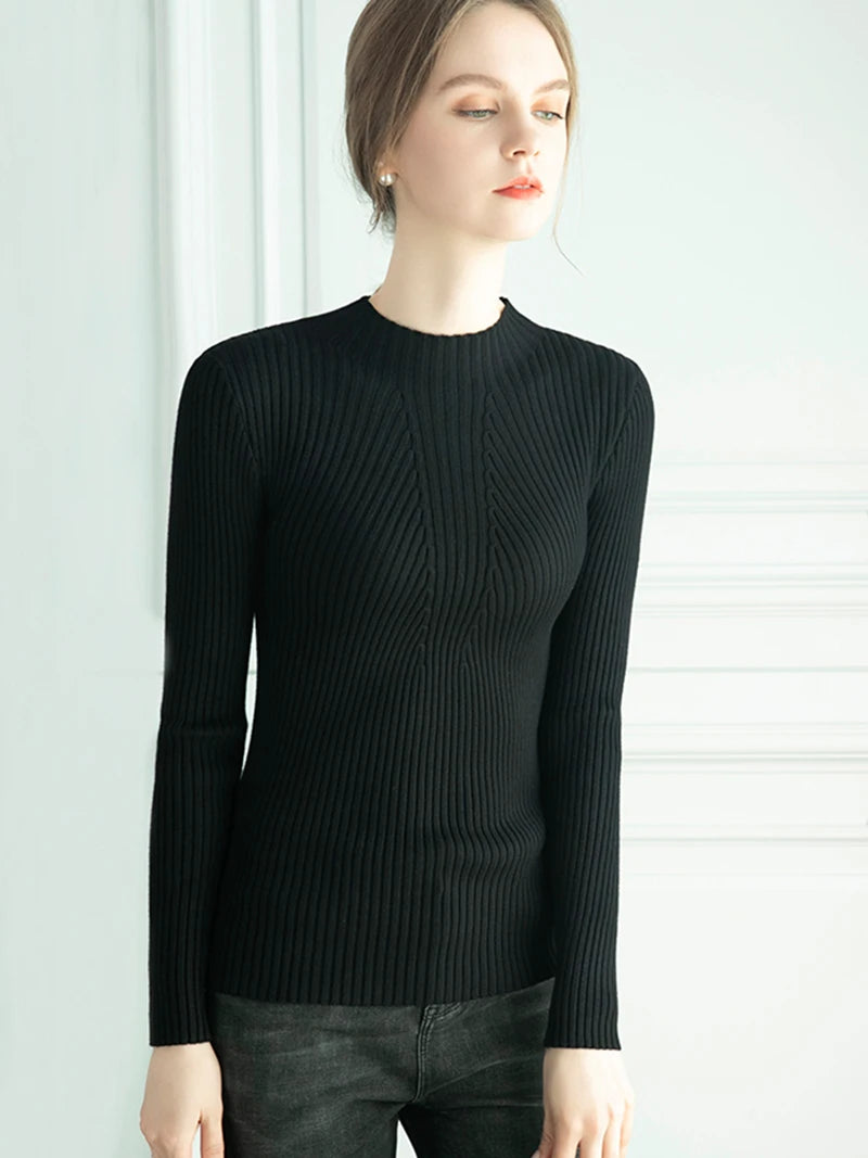 Pulover Livia cu guler înalt slim, cu nervuri - S-XL, mânecă lungă