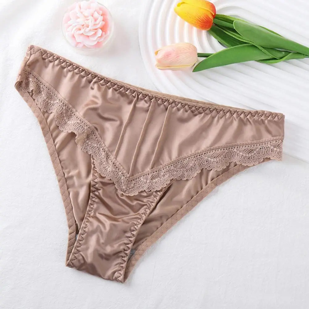 Floral Lace Women Underpants Elegant Floral Lace Trim Low-waist Women's Panties for Daily Wear Honeymoon Wedding Night Silky