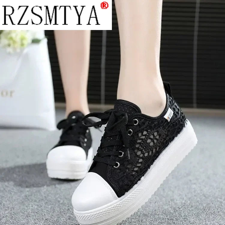 Women Shoes Fashion Summer Casual Shoes White Sneakers Cutouts Lace Canvas Hollow Breathable Platform Sneakers Tenis Feminino