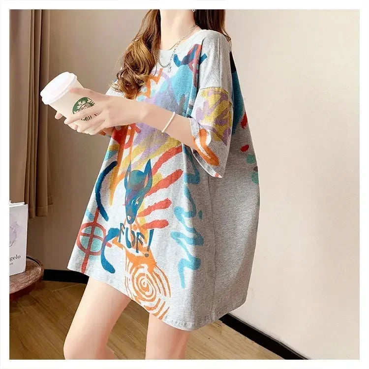 Sommer-T-Shirt 2025: Short-sleeved T-shirt Women's Pure Cotton Summer - New Loose Slim Round Neck Versatile Outside Printed Design Top Trendy Collection