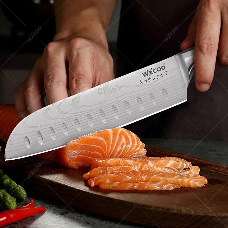 WXCOO Professional Kitchen Chef Knife Damascus Steel Laser Pattern Santoku Knife Double Side Magnetic Kitchen Knife Block