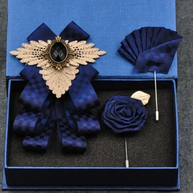 Set de nuntă 2025: Noua modă britanică pentru bărbați, performanță de nuntă pentru mire - Set de accesorii pentru bărbați cu papion, guler floral și buzunar, pentru petrecere de nuntă