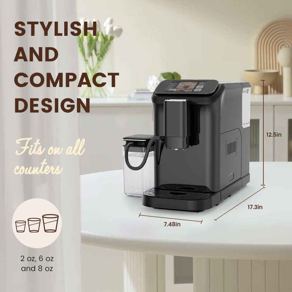 Mcilpoog WS-D5 Automatic Coffee Machine - Smart Wi-Fi , 12 Coffee Varieties, Touchscreen & Built-In Frother/1.5L Tank for Home