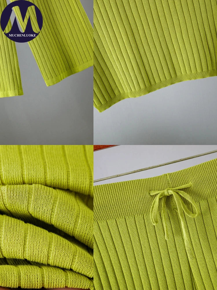 Elegant 2-Piece Sets for Women, Casual Knitting, Sleeveless, O Neck Tops, Loose Lace Up, Wide Leg Pant Set, Summer Fashion, New