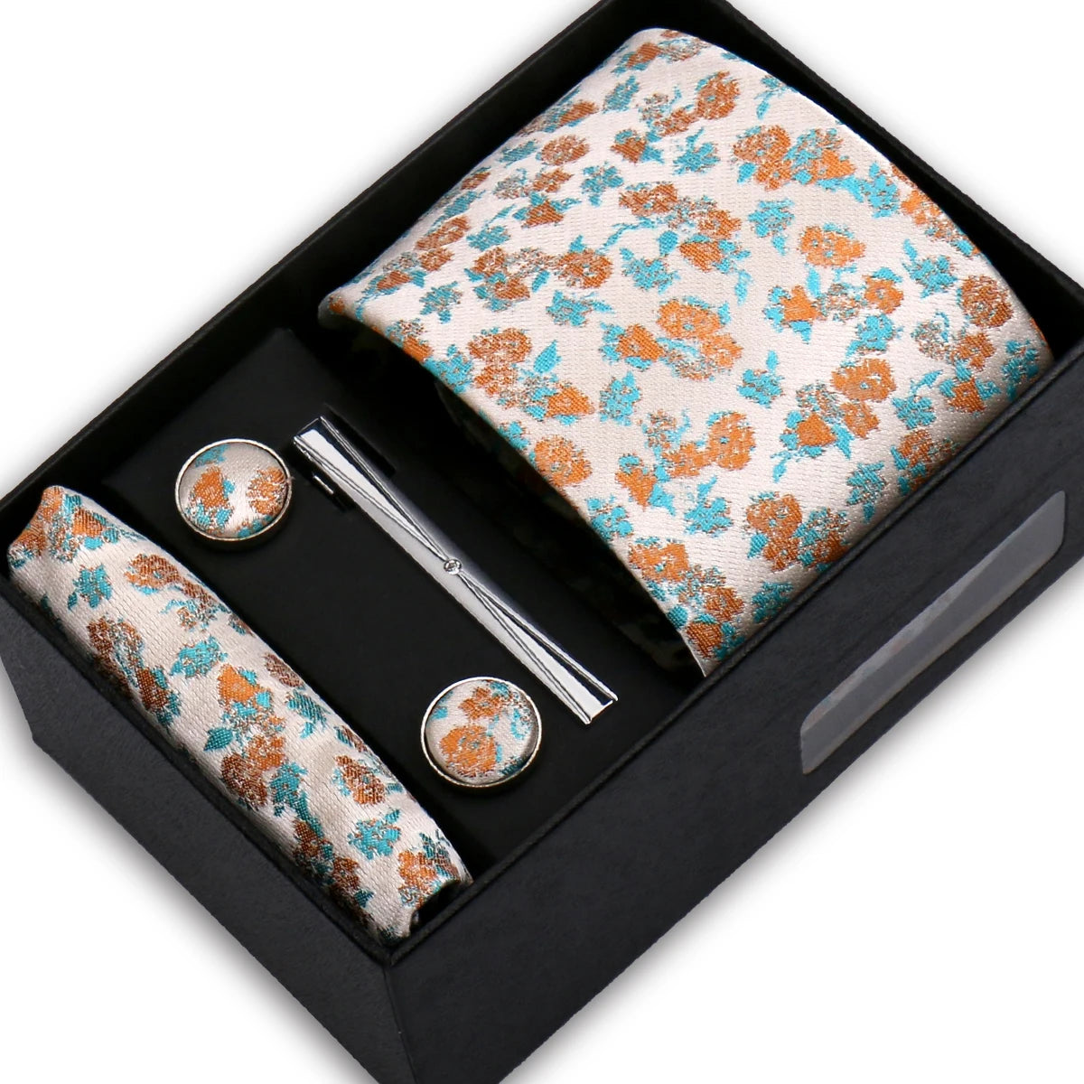 Elegant Men's Suit Necktie Gift Box Set Floral Tie Handchief Cufflinks Tie Clip 4-Piece Business Wedding Party Suit Accessories