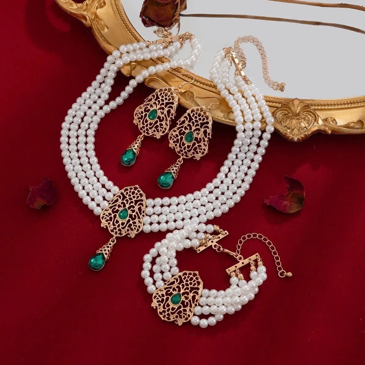 KunJoe Luxus Mehrschichtig Imitation Perlen Halskette Armband Ohrringe Frauen Wassertropfen Grün Strass Choker Hochzeit Schmuck Set