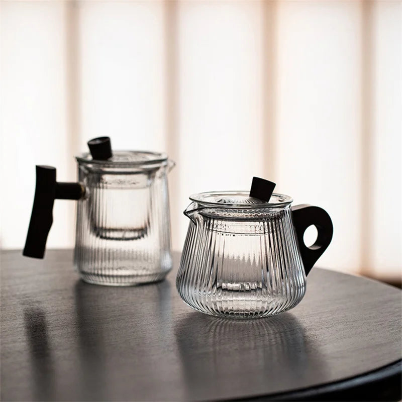 Japanese Heat Resistant Vertical Stripe Glass Tea Pot Wood Handle Teapot Kung Fu Tea Set Puer Kettle Coffee Glass Pot Teaware