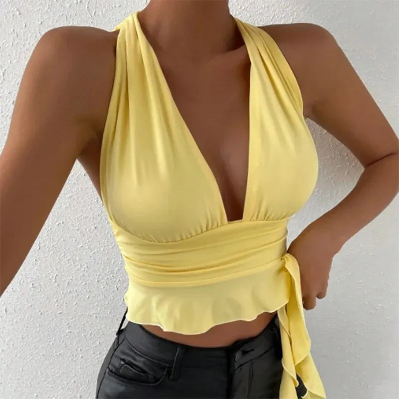 Women's elegant Tight Fitting Deep V-neck Pleated Top Tight Fitting 2024 Spring Beach Resort Nightclub New Model Women's elegant Tigh