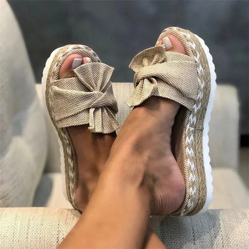 Women Slippers Summer 2023 Platform Wedges Mid Heels Bow Tie Peep Toe Fashion Slides Beach Outdoor Ladies Shoes Zapatos De Mujer