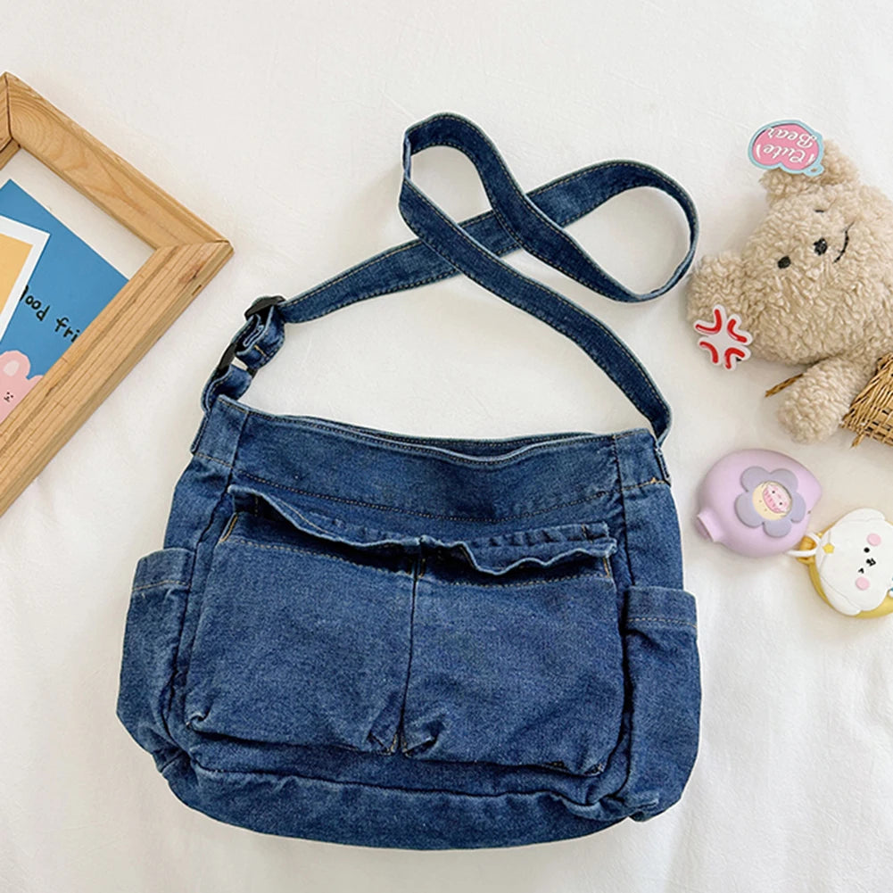 Women Stylish Crossbody Bag Large Capacity Denim Casual Satchel Bag Adjustable Strap Daily Tote Bag Multifunction Chic Hobo Bag