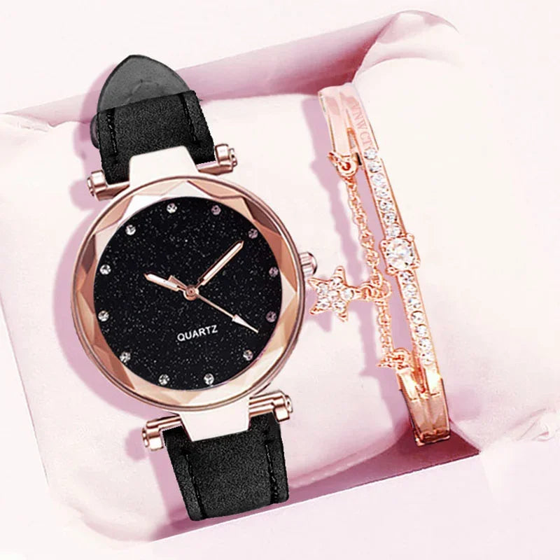 Casual Uhren Damen Romantischer Sternenhimmel - Uhr Armband Leder Strass Designer - Damen Uhr Einfaches Kleid Geschenk