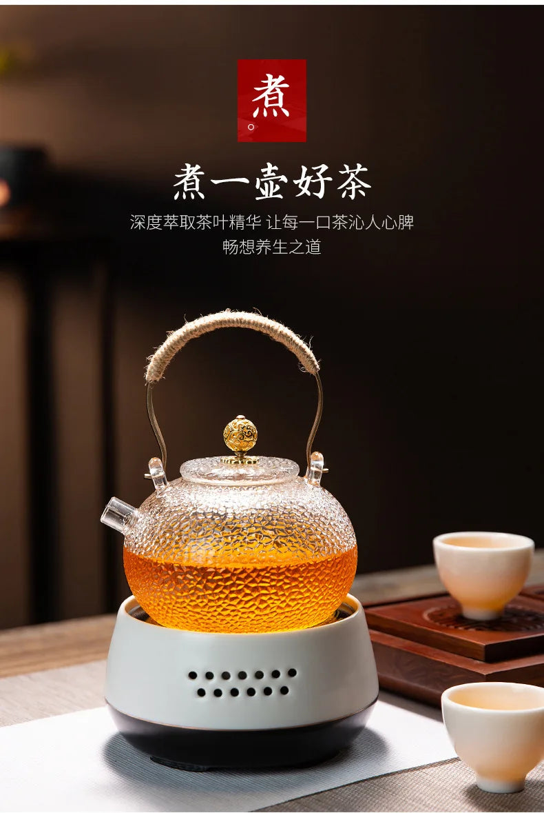 Japanese-style Hammer Pattern High Temperature Resistant Glass Tin Flower Copper Handle Beam Pot Teapot Glass Tea Set