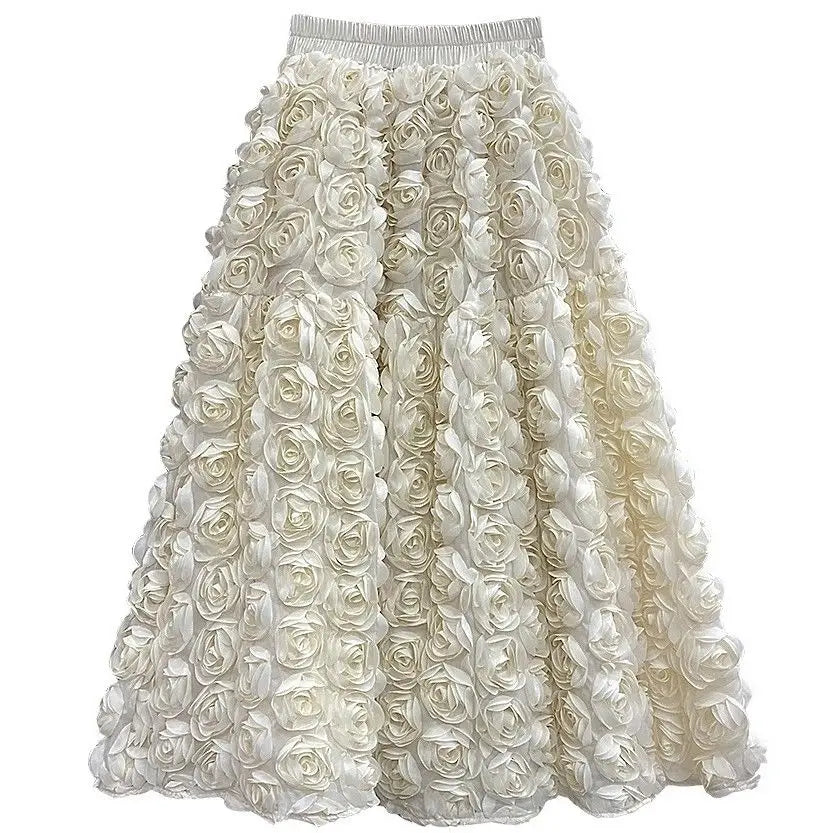 Elegant Fashion 3D Flowers Mesh White Skirt French Chic Elegant Long Skirts Women A-line Elastic High Waist Female Skirt