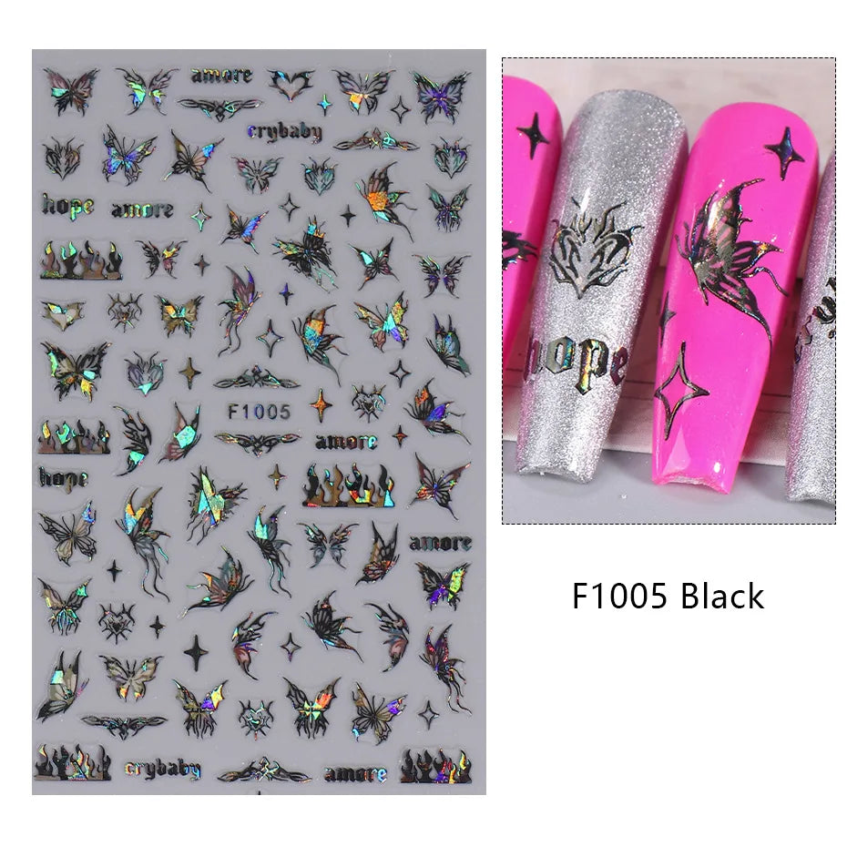 New Spring Fresh Flowers Butterfly 3D Nail Stickers Colorful Laser Butterflies Geometric Pattern Stickers Nail Decoration 1PCS